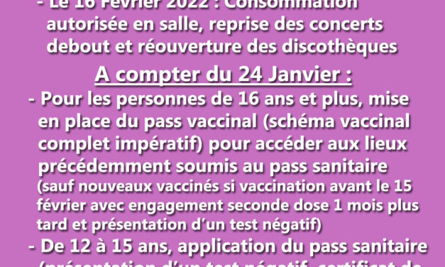 Mise à jour du 20 Janvier 2022 – Crise sanitaire