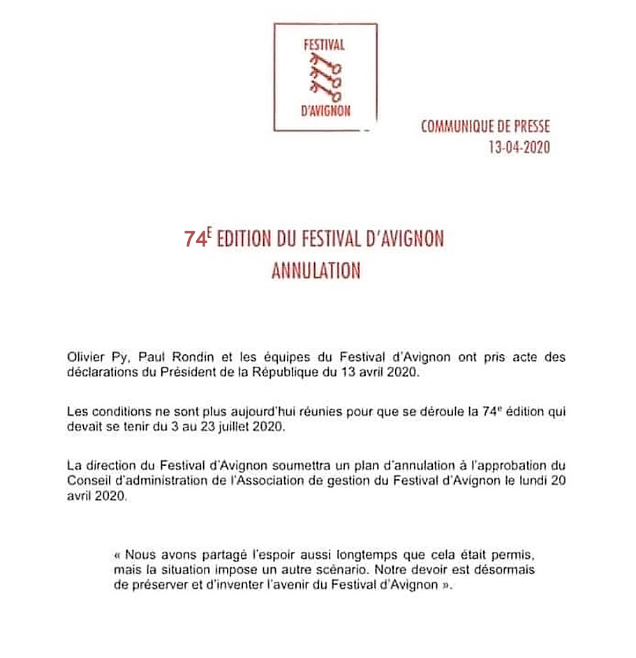 Avignon 2020 Annulation - Communiqué de presse B
